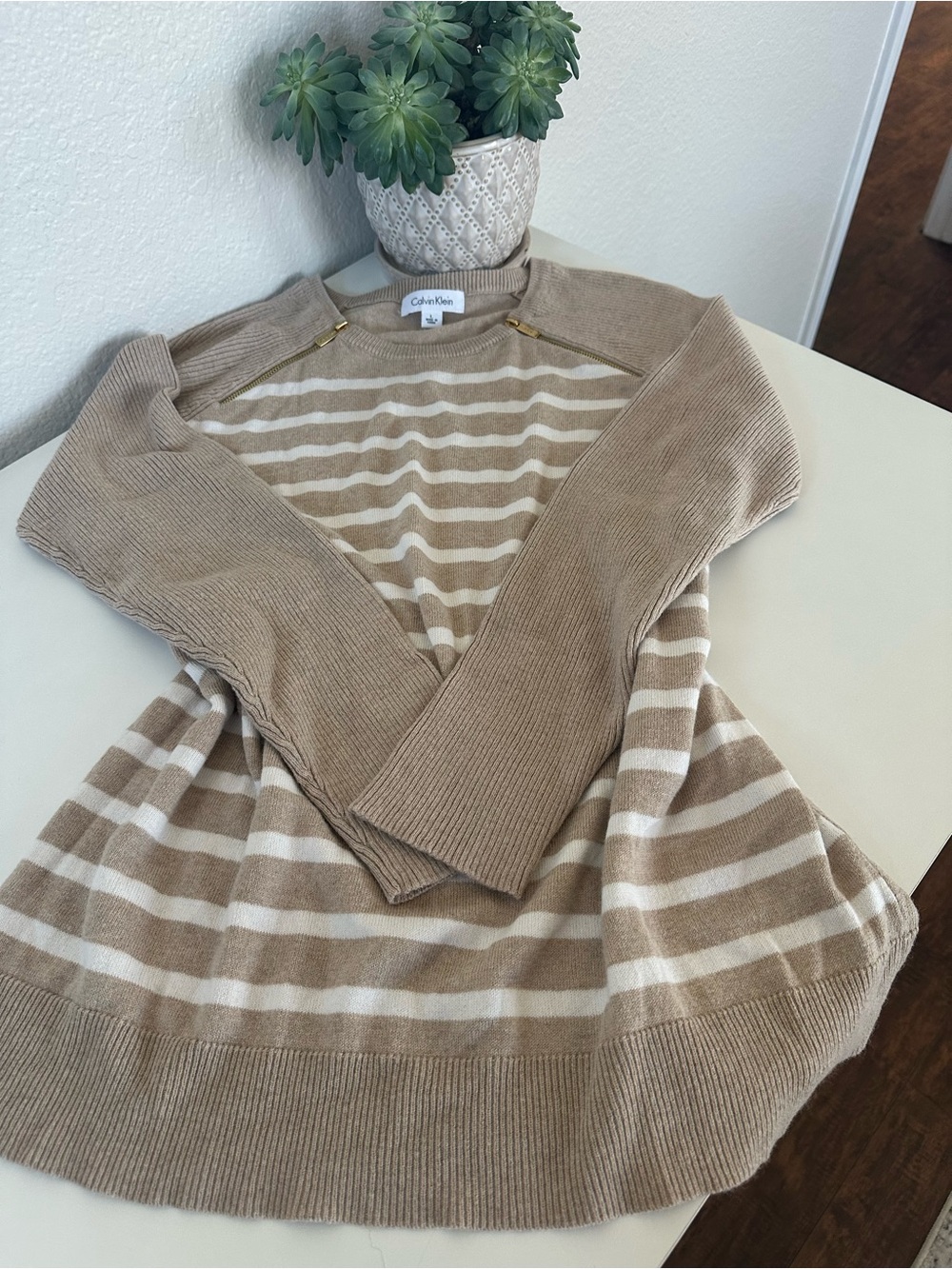 Calvin Klein Women's Tan & Cream Striped Crewneck Sweater